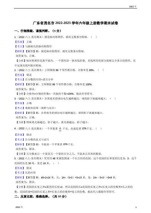 广东省茂名市2022-2023学年六年级上册数学期末试卷(教师版)