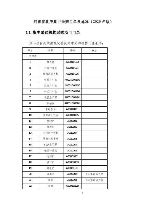 河南省政府集中采购目录及标准(2020年版)