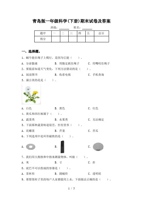 青岛版一年级科学(下册)期末试卷及答案