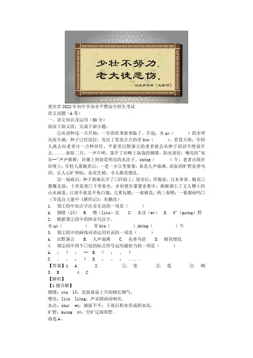 精品解析：2022年重庆市中考语文真题A卷(解析版)