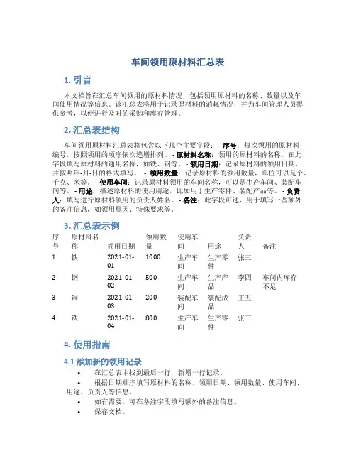 车间领用原材料汇总表