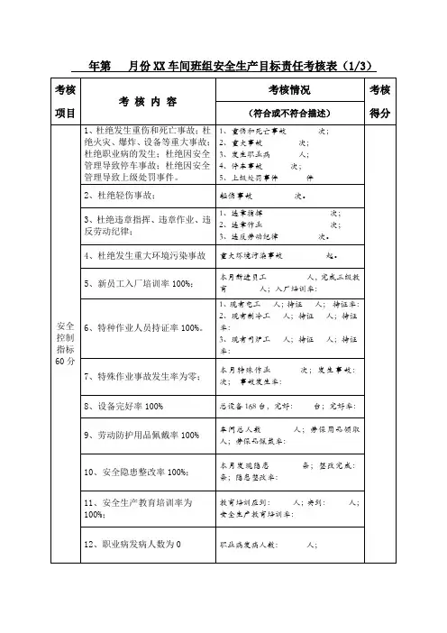 安全生产目标责任考核表