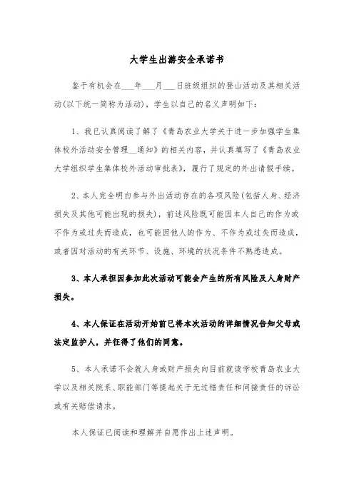 大学生出游安全承诺书（四篇）