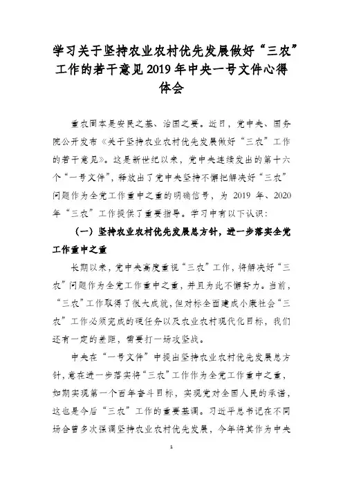 关于坚持农业农村优先发展做好“三农”工作的若干意见2019年中央一号文件学习心得体会