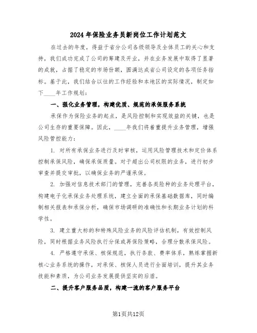 2024年保险业务员新岗位工作计划范文（六篇）