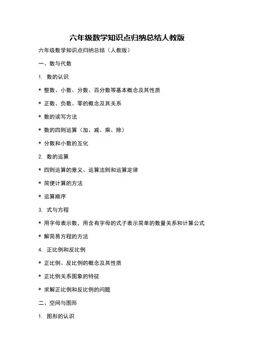 六年级数学知识点归纳总结人教版