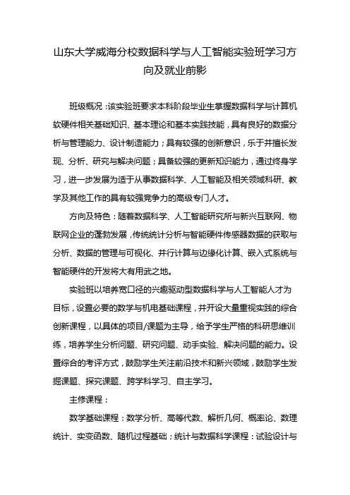 山东大学威海分校数据科学与人工智能实验班学习方向及就业前影