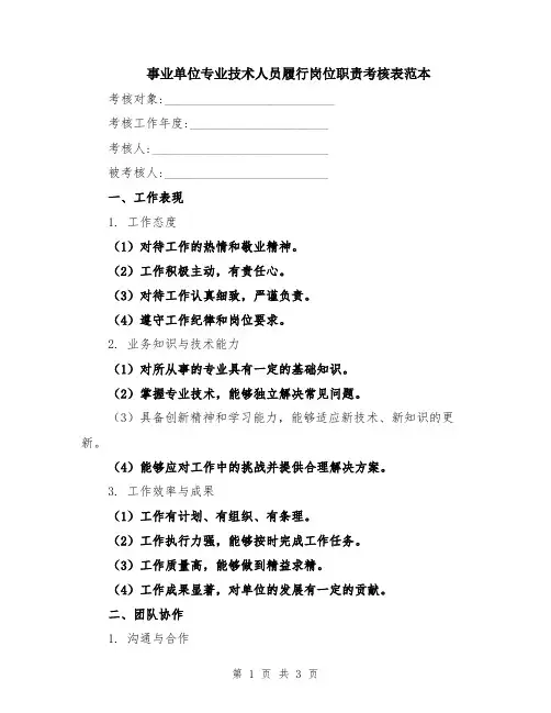 事业单位专业技术人员履行岗位职责考核表范本