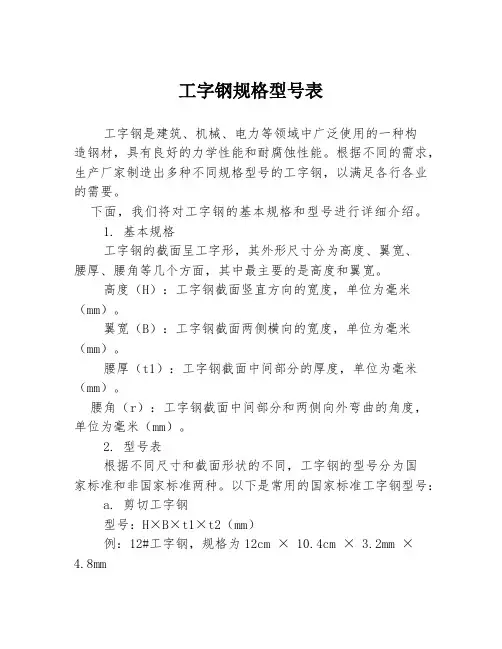 工字钢规格型号表