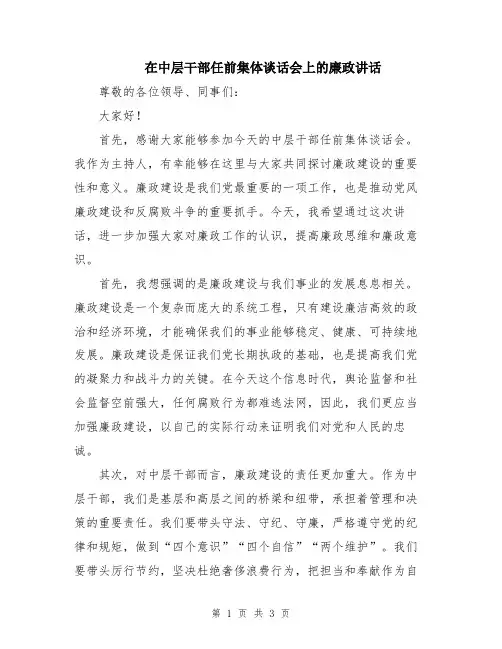 在中层干部任前集体谈话会上的廉政讲话