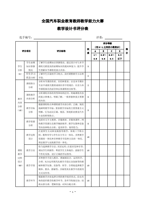 全国汽车职业教育教师教学能力大赛教学设计书评分表