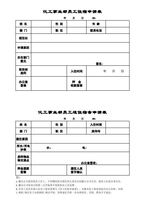 员工宿舍入住及退出申请表