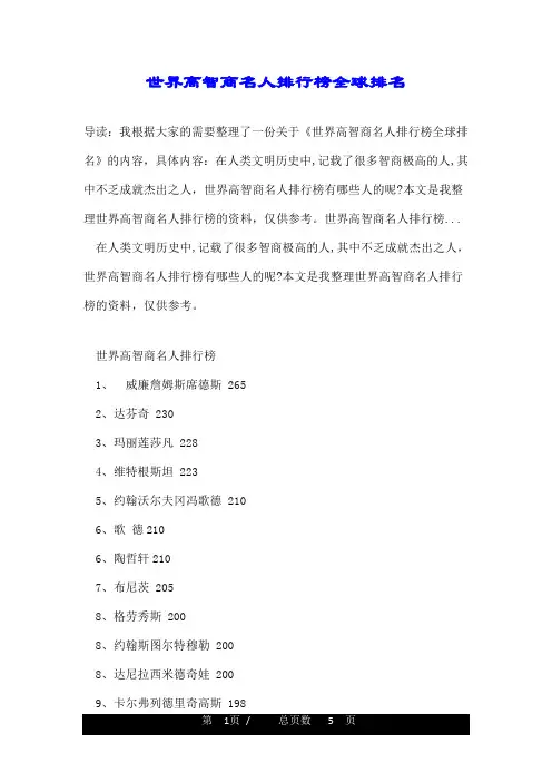 世界高智商名人排行榜全球排名