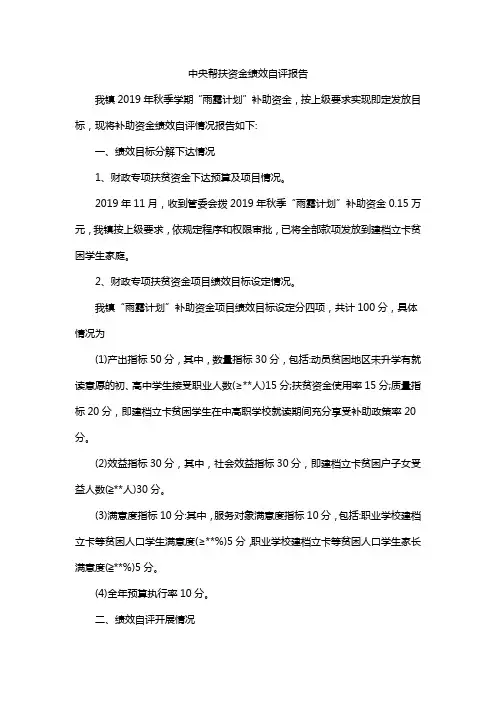 中央帮扶资金绩效自评报告
