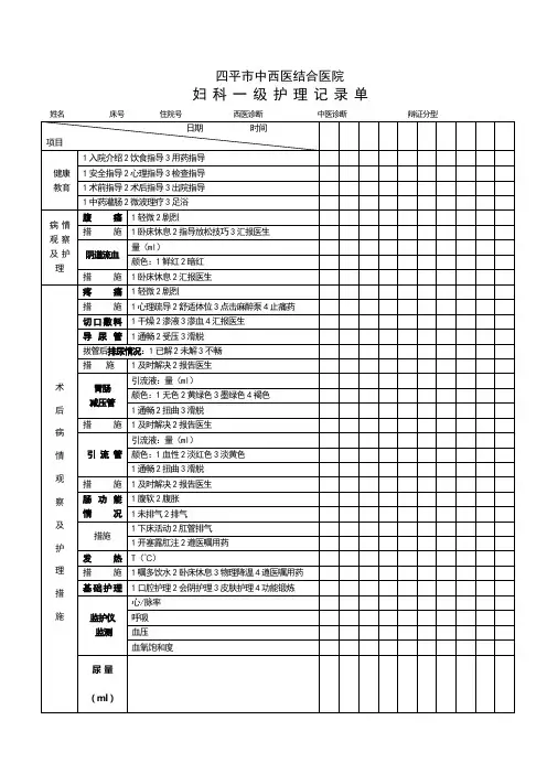 妇科一般护理记录单