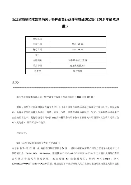 浙江省质量技术监督局关于特种设备行政许可发证的公告（2015年第019批）-