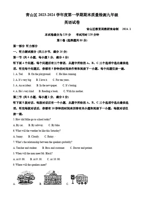 精品解析：湖北省武汉市青山区2023-2024学年九年级上学期期末质量检测英语试题(原卷版)