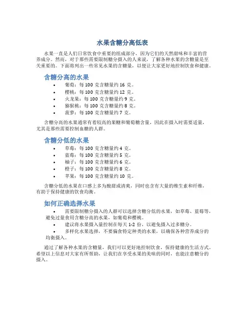 水果含糖分高低表