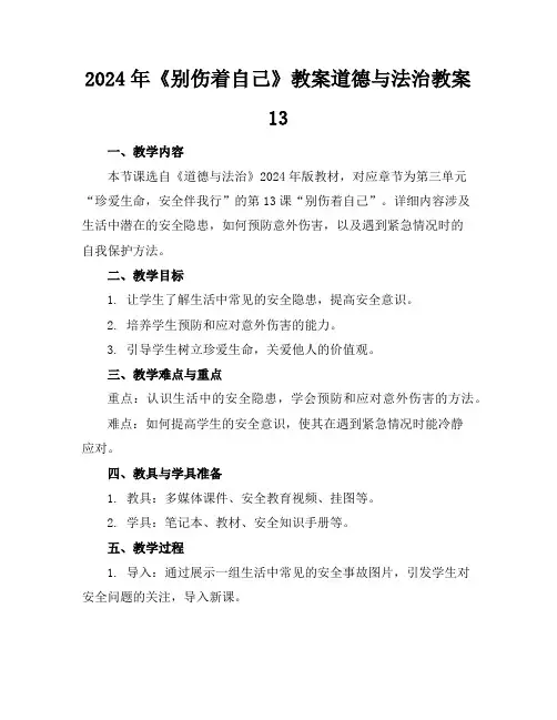 2024年《别伤着自己》教案道德与法治教案13