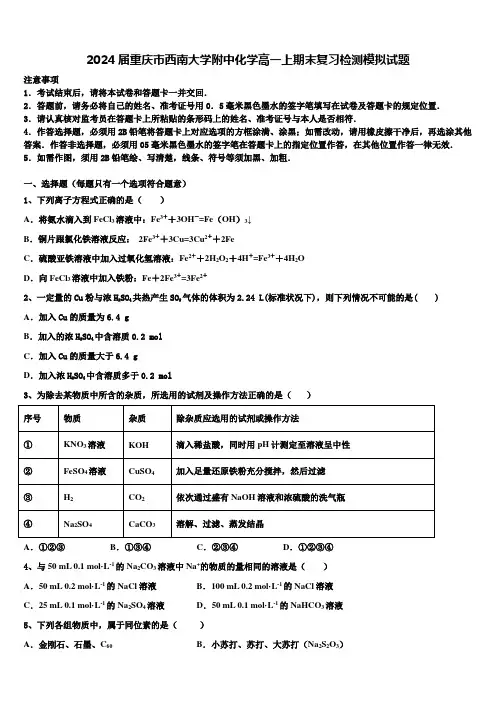 2024届重庆市西南大学附中化学高一上期末复习检测模拟试题含解析