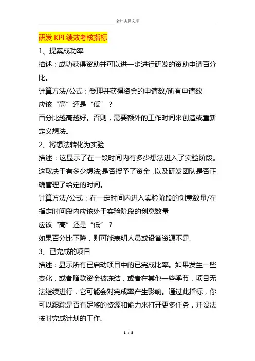 研发KPI绩效考核指标