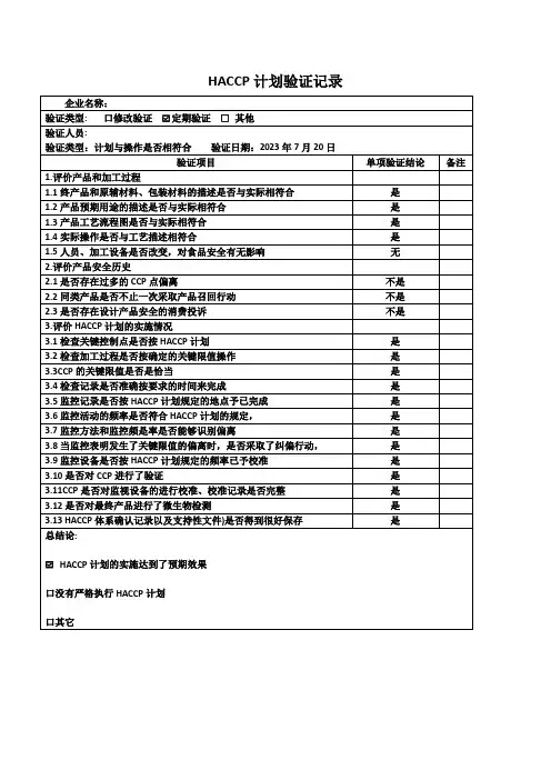 HACCP计划验证记录