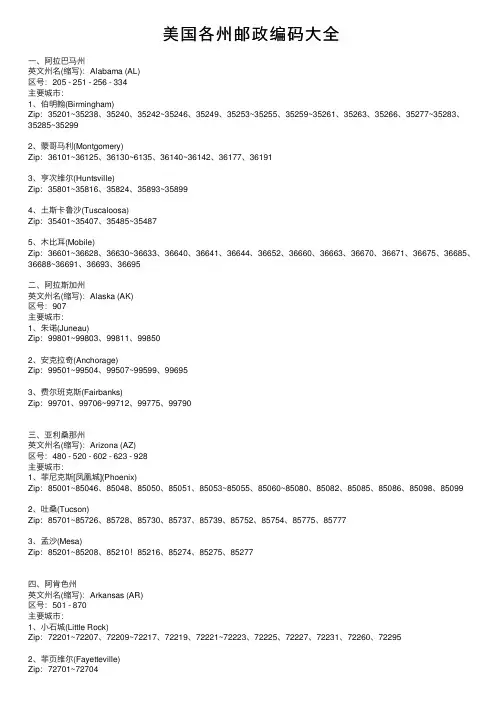 美国各州邮政编码大全