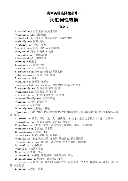 高中英语新人教版选择性必修一全册词汇词性转换汇总(分单元编排)