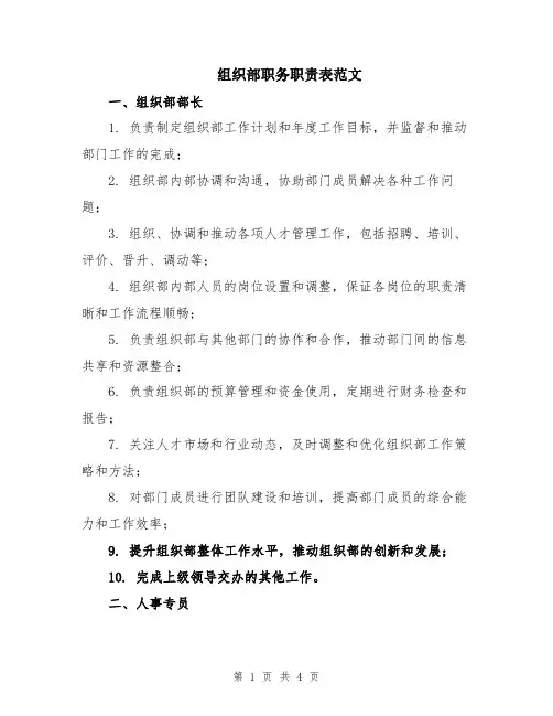 组织部职务职责表范文