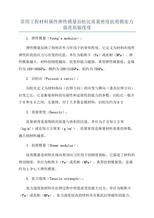 常用工程材料属性弹性模量泊松比质量密度抗剪模张力强度屈服度度