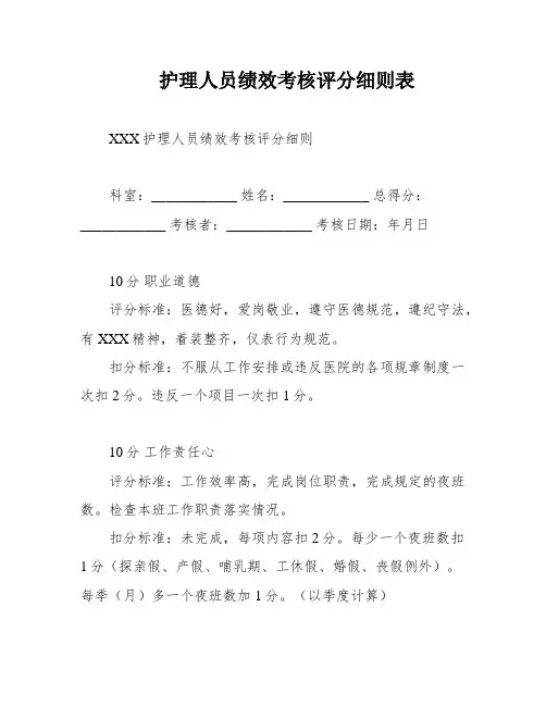 护理人员绩效考核评分细则表