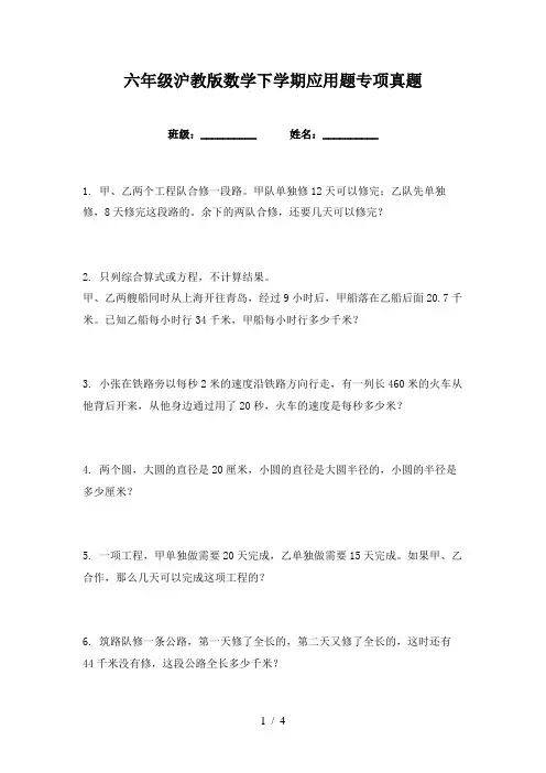 六年级沪教版数学下学期应用题专项真题