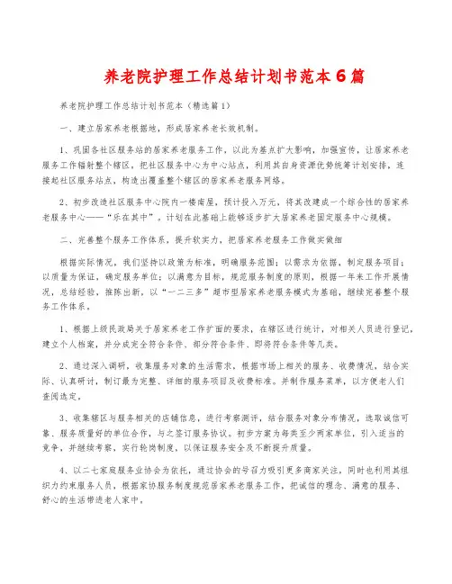 养老院护理工作计划书范本6篇