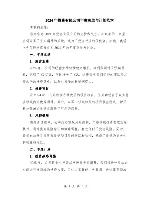 2024年投资有限公司年度总结与计划范本