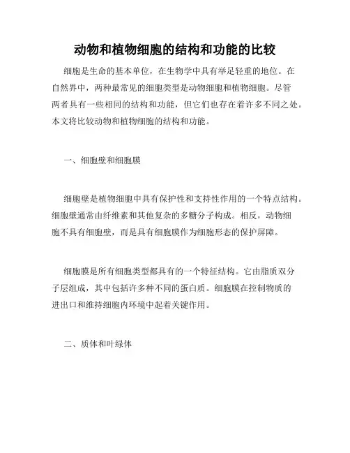 动物和植物细胞的结构和功能的比较