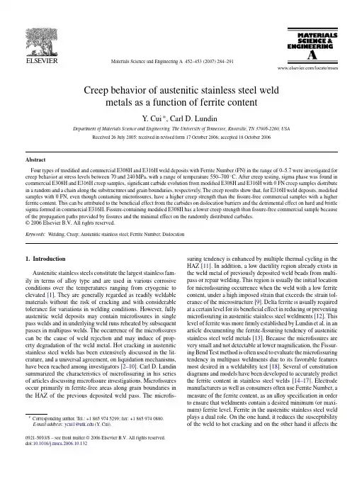 Creep behavior of austenitic stainless steel weld metals as a function of ferrite content