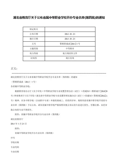 湖北省教育厅关于公布省属中等职业学校开办专业名单(第四批)的通知-鄂教职成函[2014]4号