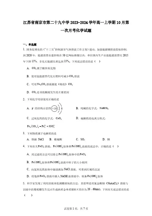 江苏省南京市第二十九中学2023-2024学年高一上学期10月第一次月考化学试题