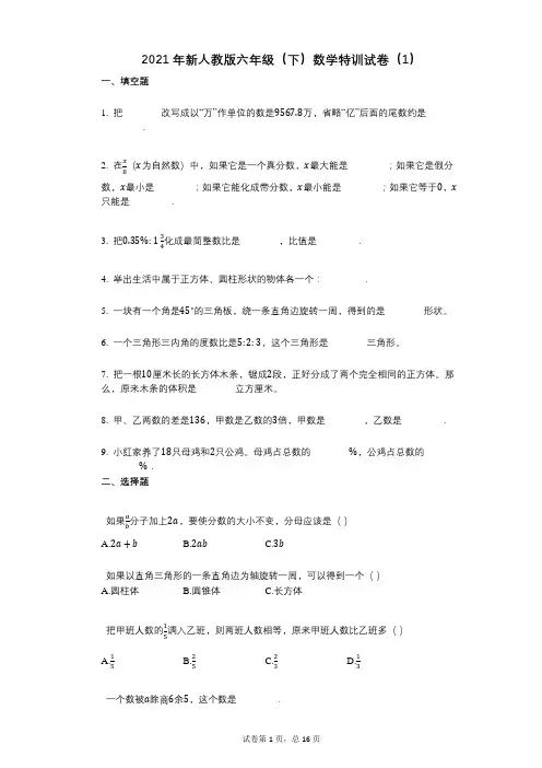 2021年-有答案-新人教版六年级(下)数学特训试卷(1)