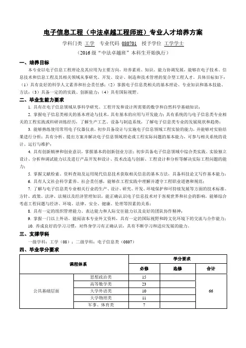 中国海洋大学电子信息工程(中法卓越工程师班)专业人才培养方案