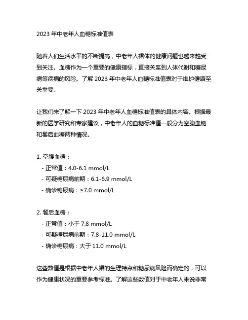 2023年中老年人血糖标准值表