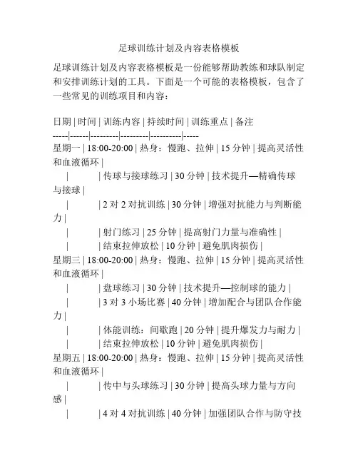 足球训练计划及内容表格模板