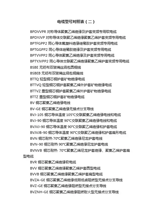 电缆型号对照表（二）