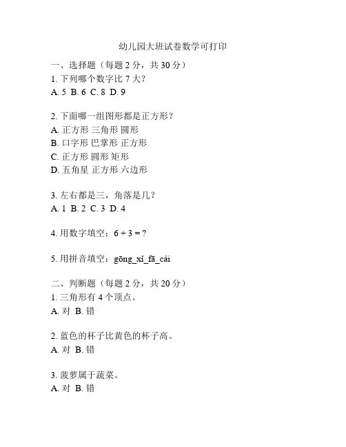 幼儿园大班试卷数学可打印