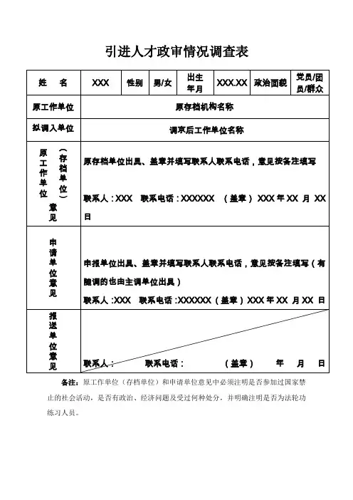 引进人才政审情况调查表