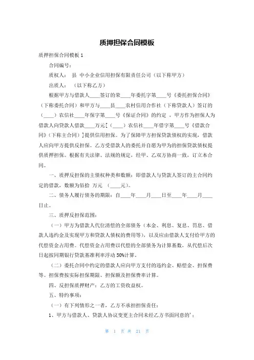 质押担保合同模板