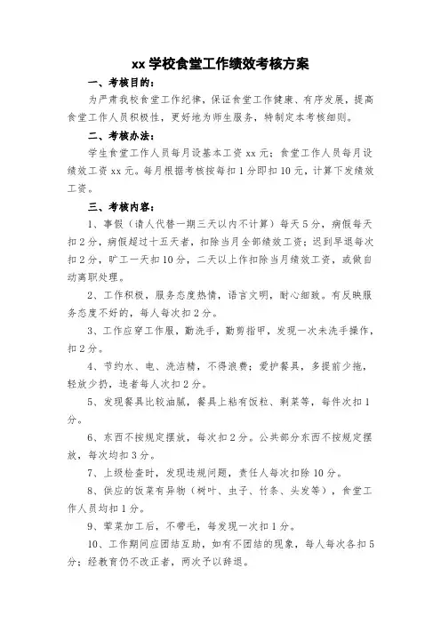 学校食堂工作绩效考核方案