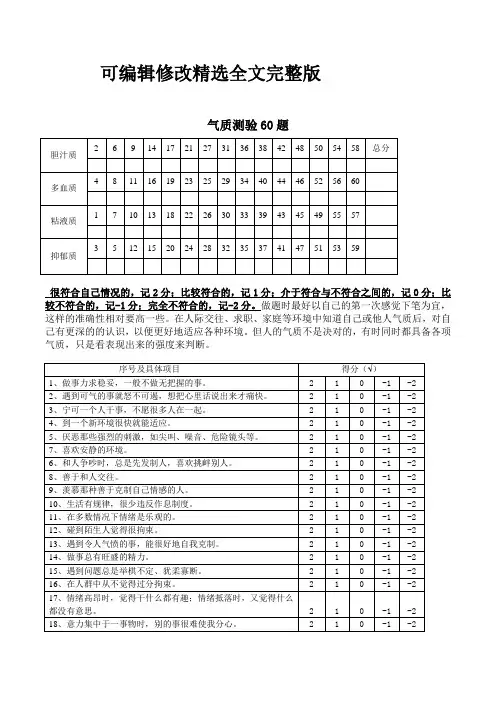 气质测验表-60题及类型分析精选全文完整版