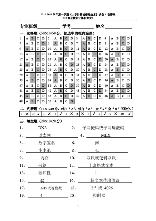 2010计算机信息技术试题A卷答案