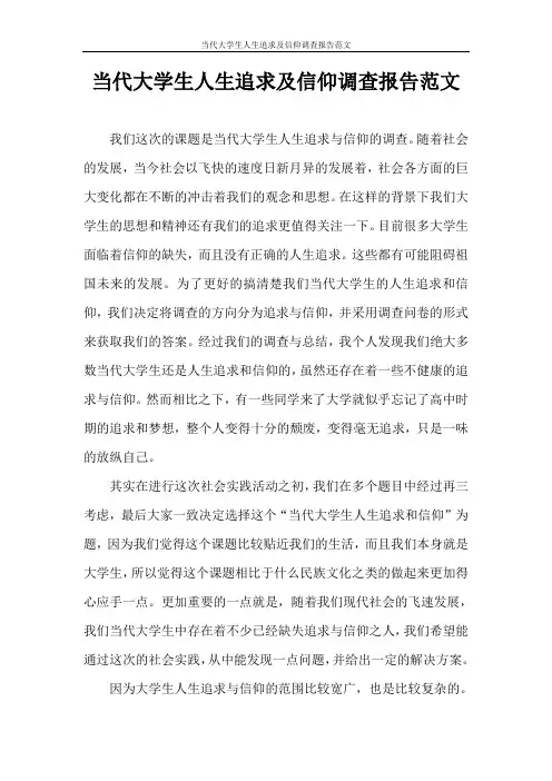 调查报告 当代大学生人生追求及信仰调查报告范文
